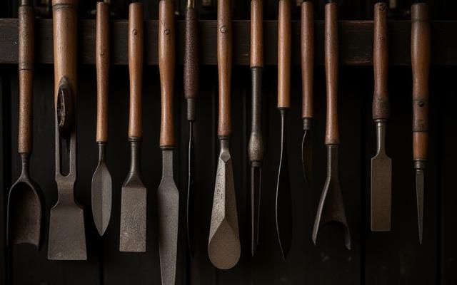 壁に整然と並べられた伝統的な鍛冶道具