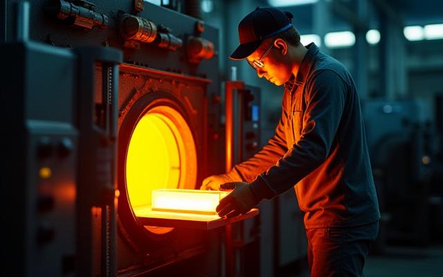 専門設備で金属に熱処理を施す技術者