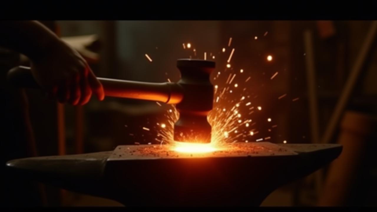 熱い金属にハンマーが打ち付けられ、火花が飛び散る瞬間