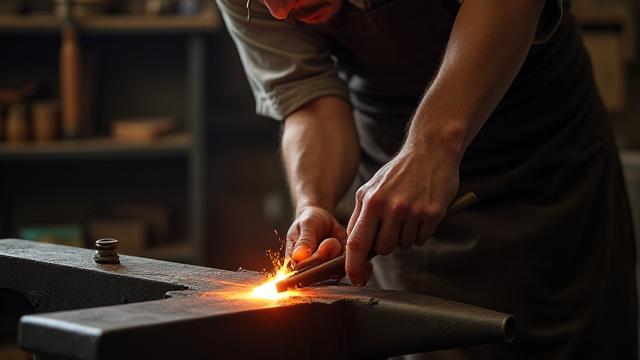 カスタム鍛造の様子、熟練の職人が熱した金属を加工している